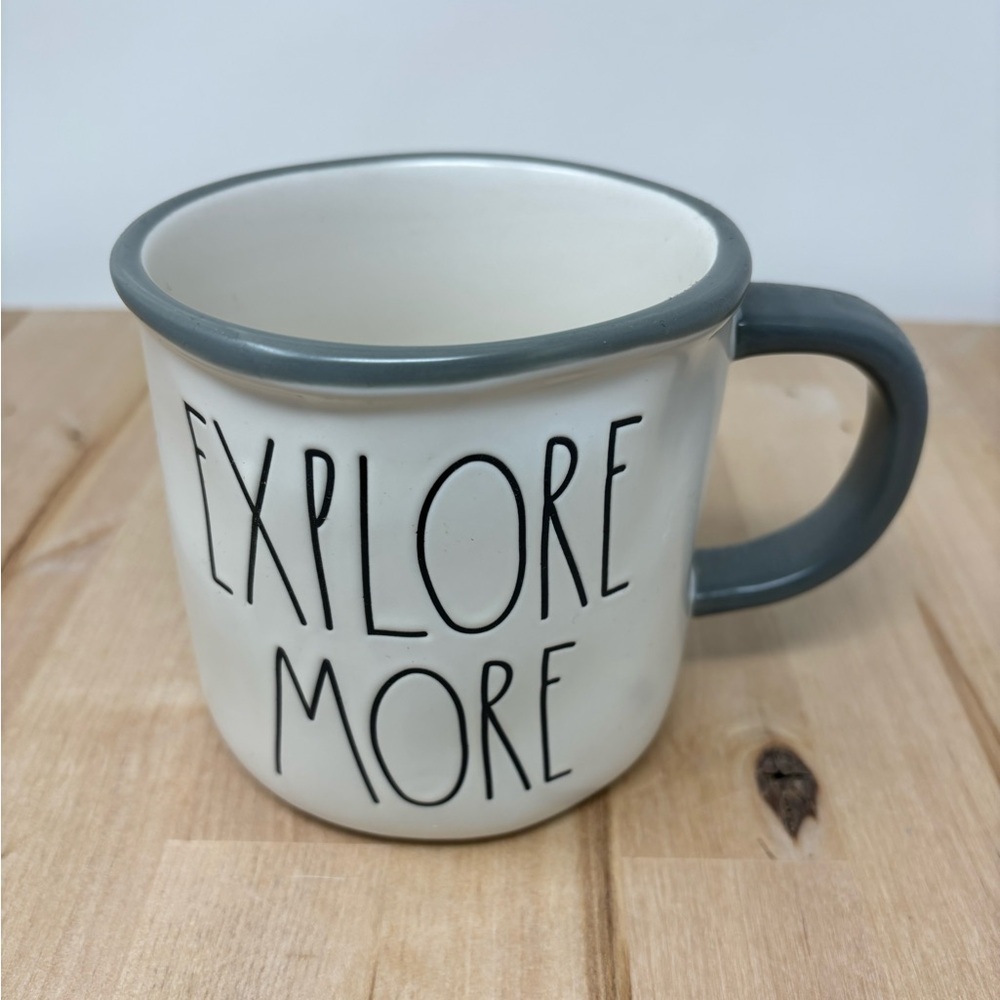 Rae Dunn EXPLORE MORE Mug White with Gray Trim and Handle Black Lettering New